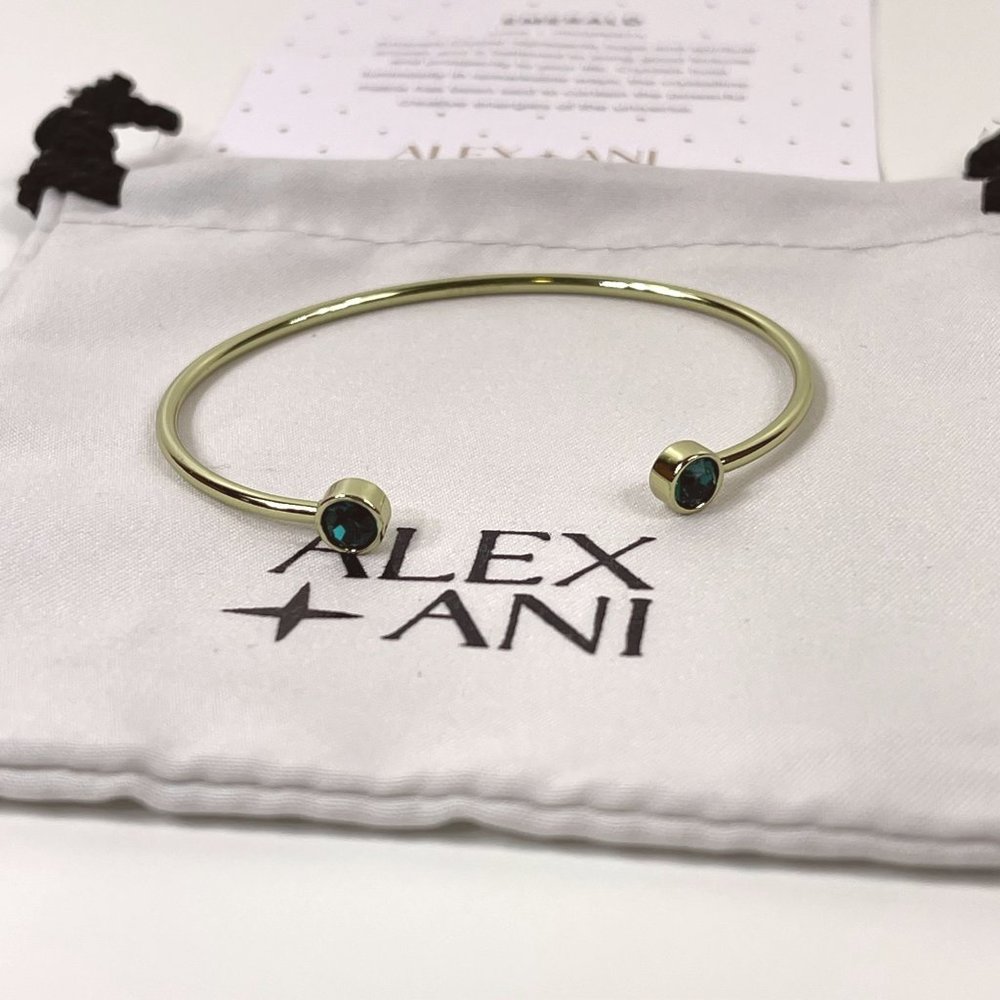Alex + Ani Emerald Flex Cuff Bracelet Brass Gold Green Crystal Nickel-Free - NEW